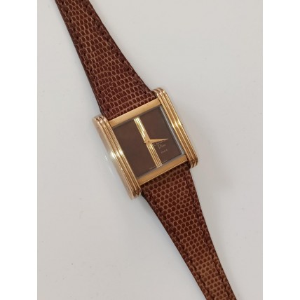 VINTAGE Christian Dior γυναικείο ρολόι με επίχρυσο καντράν και καφέ δερμάτινο λουράκι (VIN17)
